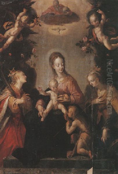 La Vierge Et L'enfant, Avec Dieu Le Pere, Le Saint Esprit Et Des Anges Adores Par Des Saints Oil Painting by Hans Von Aachen