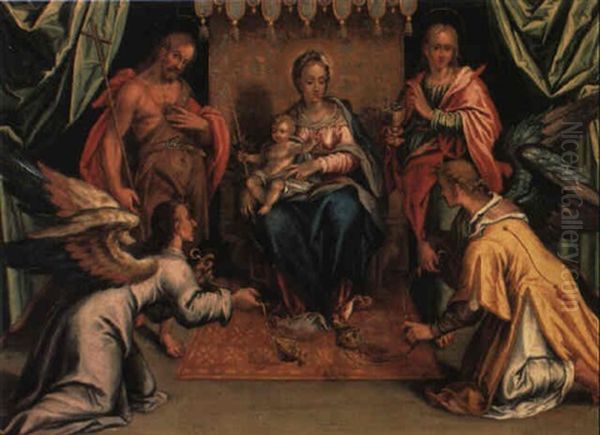 The Madonna And Child With Angels And Sts. John The Baptist And Evangelist Oil Painting by Hans Von Aachen