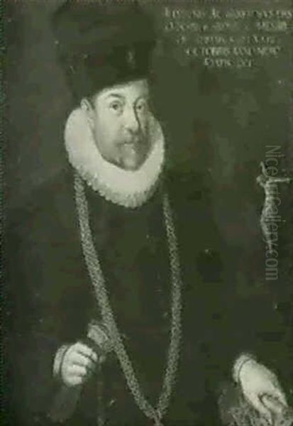 Portrait Of Count Svickardus Von Helfenstein (1538-1699),   Half Length, In A Black Tunic And Cap, Holding A Pair Of... Oil Painting by Hans Von Aachen