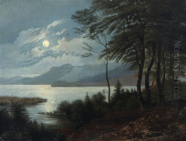 A Landscape With A View Over A Mountain Lake At Night Oil Painting by Carl Frederik Peder Aagaard