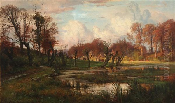 Autumn Meadow Landscape With Cattle At A Water Hole Oil Painting by Carl Frederik Peder Aagaard