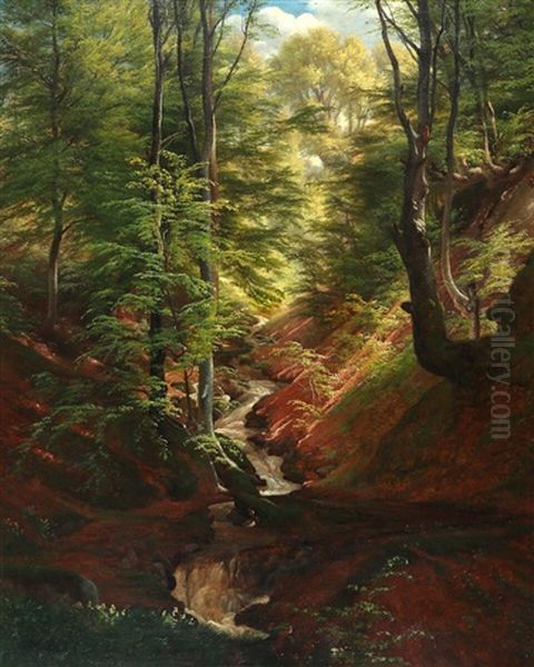 A Creek In A Forest In Springtime Oil Painting by Carl Frederik Peder Aagaard