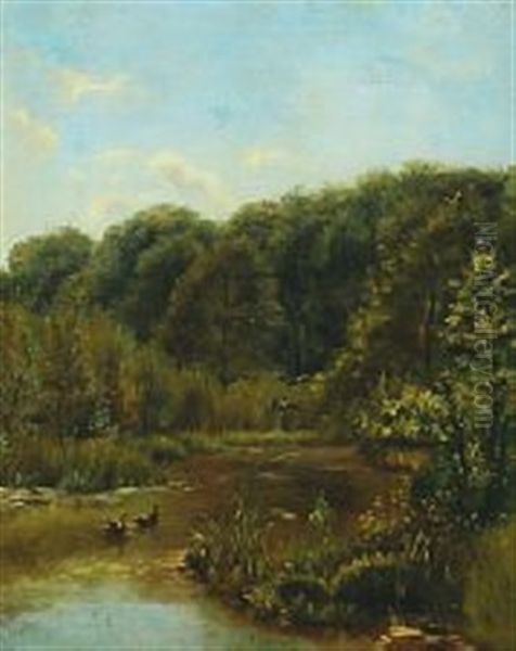 Riverscenery With Swimming And Flying Ducks Oil Painting by Carl Frederik Peder Aagaard