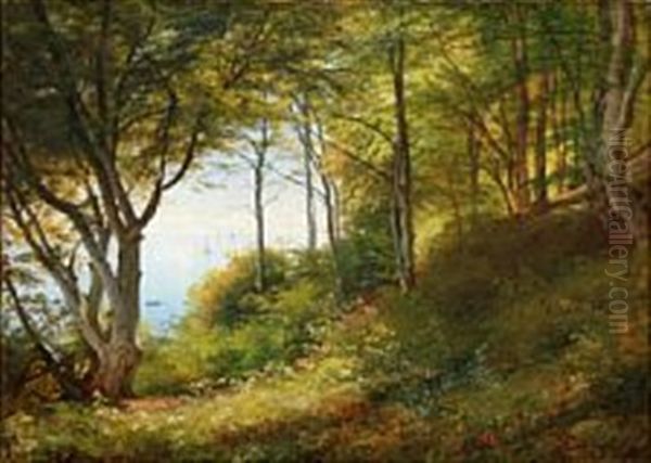 Forest Scene With A View Towards A Bay With Sailing Ships Oil Painting by Carl Frederik Peder Aagaard