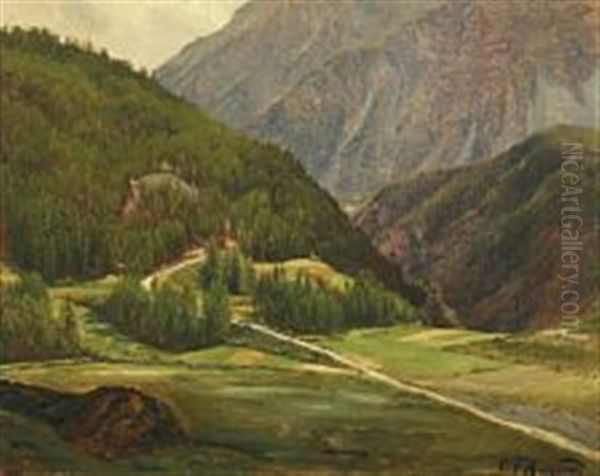 A Swiss Mountainscape Oil Painting by Carl Frederik Peder Aagaard