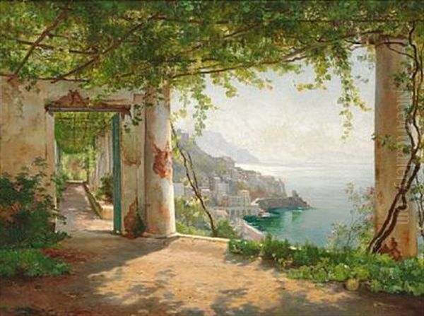 From A Loggia In Amalfi With A View Of The Coast Oil Painting by Carl Frederik Peder Aagaard