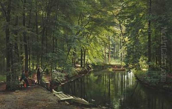 A Stream In The Spring Woods With Two Women In A Rowing Boat. People Are Relaxing Near The Shore Oil Painting by Carl Frederik Peder Aagaard