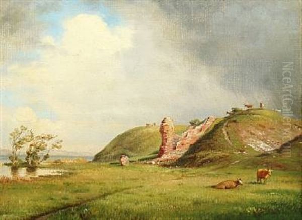 Hilly Landscape From Hald Ege With Cows By Ruins by Carl Frederik Peder Aagaard