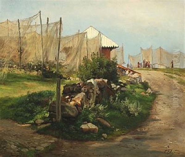 Scenery With Fishings Nets Drying In The Sunshine Oil Painting by Carl Frederik Peder Aagaard