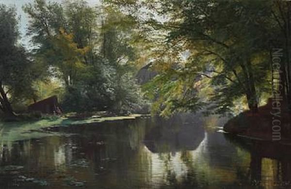 View Of A Forest Lake With An Angler And His Family Oil Painting by Carl Frederik Peder Aagaard