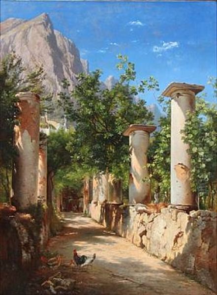 Ancient Columns, Italy. In The Background Figures At The Well. Presumably From Capri Oil Painting by Carl Frederik Peder Aagaard