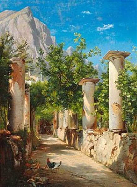 Ancient Columns, Italy. In The Background Figures At The Well. Presumably From Capri Oil Painting by Carl Frederik Peder Aagaard