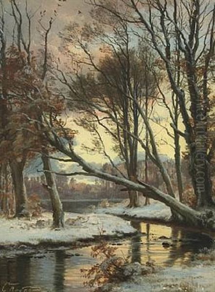 Wintry Landscape With A Stream Oil Painting by Carl Frederik Peder Aagaard