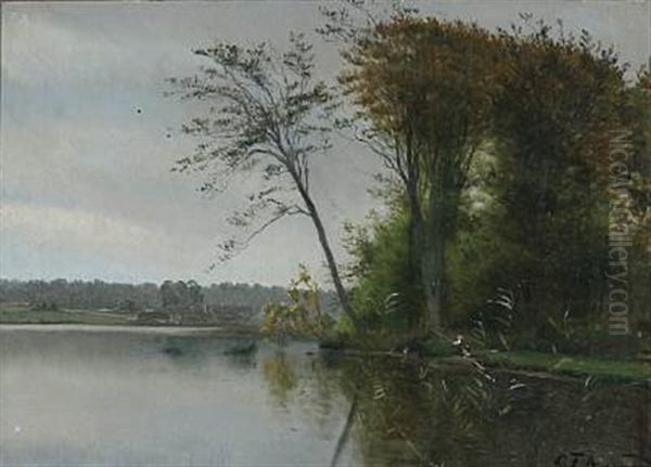 View Of A Lake With Two Children Fishing Oil Painting by Carl Frederik Peder Aagaard