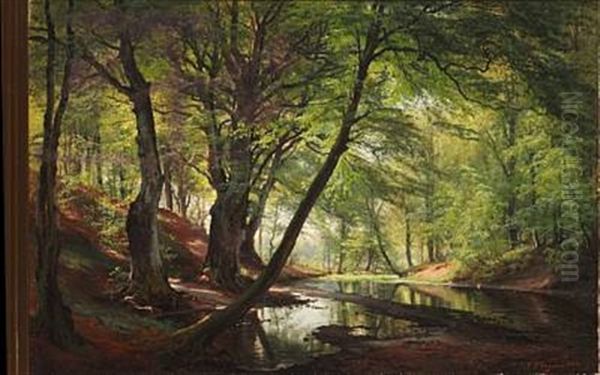 Skovso - Fra Bondedammen Ved Hellebaek - Septembermorgen (forest Lake) Oil Painting by Carl Frederik Peder Aagaard