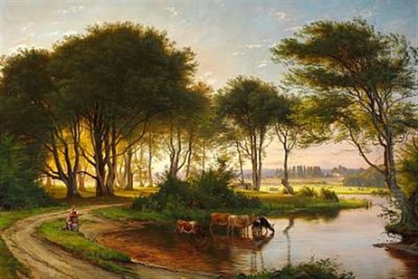 Danish Summer Landscape With Two Girls Watering The Cows In A Stream. In The Background Sunny Fields And Farms Oil Painting by Carl Frederik Peder Aagaard