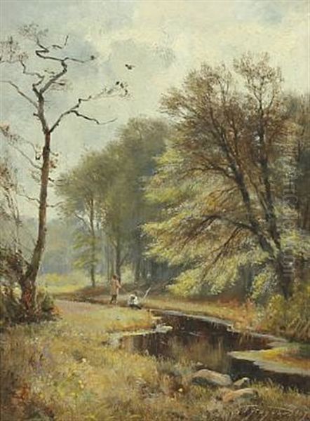 Spring With Anglers By A Stream Oil Painting by Carl Frederik Peder Aagaard