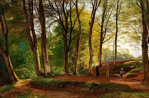 Summer Day In Saeby Skov With Three Young Ladies Strolling Oil Painting by Carl Frederik Peder Aagaard