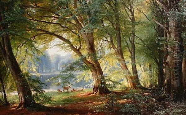 Deer Beside A Lake Oil Painting by Carl Frederik Peder Aagaard