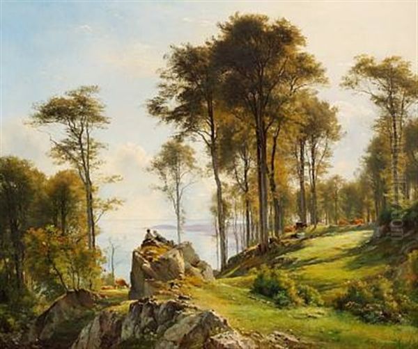 Two Shepherd Boys Relaxing While The Cows Are Grazing On The Steep Slopes Near The Sea Oil Painting by Carl Frederik Peder Aagaard