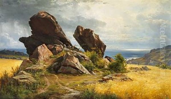 Klipper I En Bygmark. Optraekkende Bygevejr. Motiv Fra Allinge Paa Bornholm Oil Painting by Carl Frederik Peder Aagaard