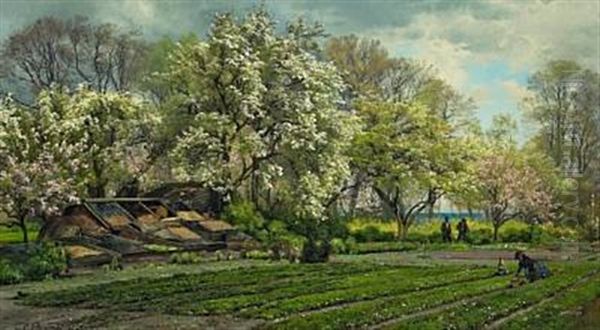 Spring Garden With Woman And Child Oil Painting by Carl Frederik Peder Aagaard