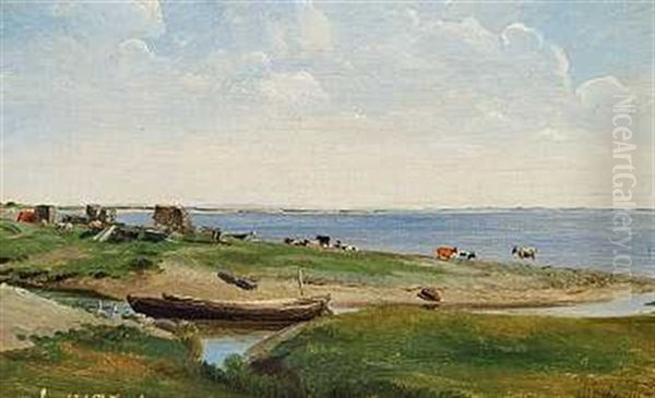 Kystparti, Med Graessende Koer Ved Aens Udlob I Havet Oil Painting by Carl Frederik Peder Aagaard