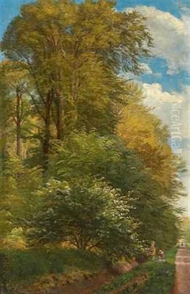 To Born Plukker Blomster I Vejkanten. Parti Fra Omegnen Af Liselund, Mon Oil Painting by Carl Frederik Peder Aagaard