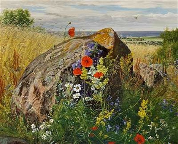 Fritvoksende Markblomster Oil Painting by Carl Frederik Peder Aagaard