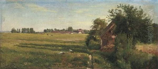 Herons Foraging In A Field, With Cattle Beyond Oil Painting by Carl Frederik Peder Aagaard