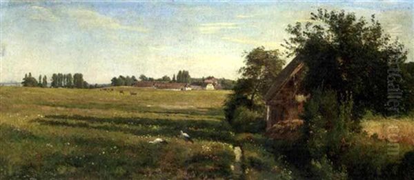 Herons Foraging In A Field, With Cattle Beyond Oil Painting by Carl Frederik Peder Aagaard