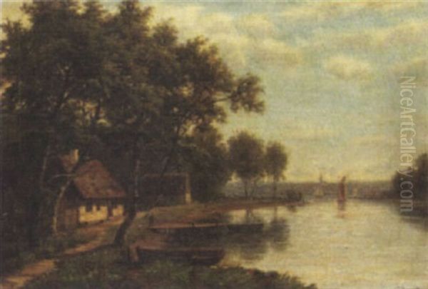 Landskab Med Huse Og Traeer, I Baggrunden Sejlbade Oil Painting by Carl Frederik Peder Aagaard