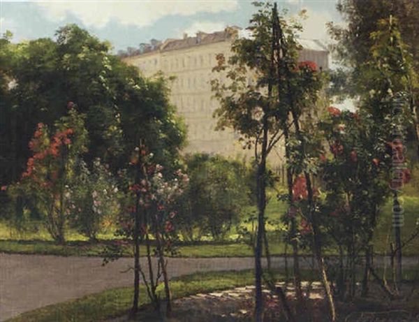 A Colonnade On The Edge Of A Park With Roses In Bloom Oil Painting by Carl Frederik Peder Aagaard