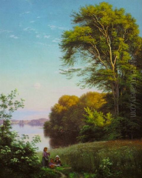 Children Gathering Flowers, Lake With Boaters And Forest Landscape Beyond Oil Painting by Carl Frederik Peder Aagaard