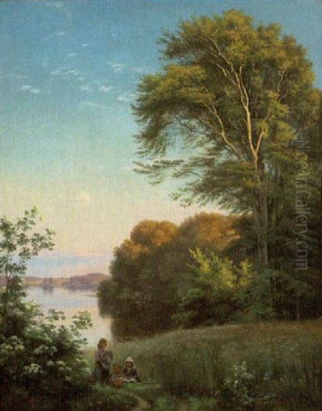 Children Gathering Flowers, Lake With Boaters And Forest Landscape Beyond Oil Painting by Carl Frederik Peder Aagaard