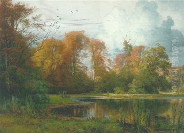 Skovso Med Efterarstraeer Oil Painting by Carl Frederik Peder Aagaard