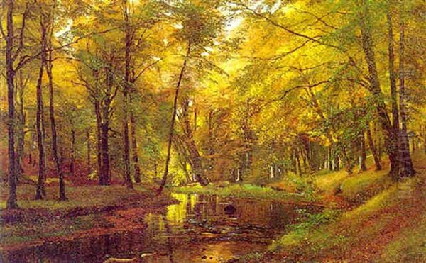 A Forest Stream Oil Painting by Carl Frederik Peder Aagaard