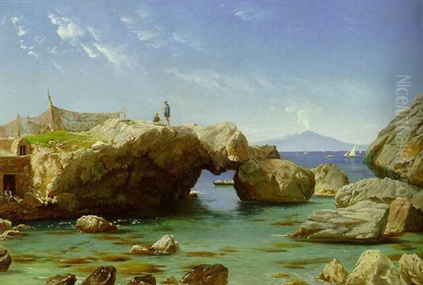 A Rocky Coast With Vesuvius Beyond Oil Painting by Carl Frederik Peder Aagaard