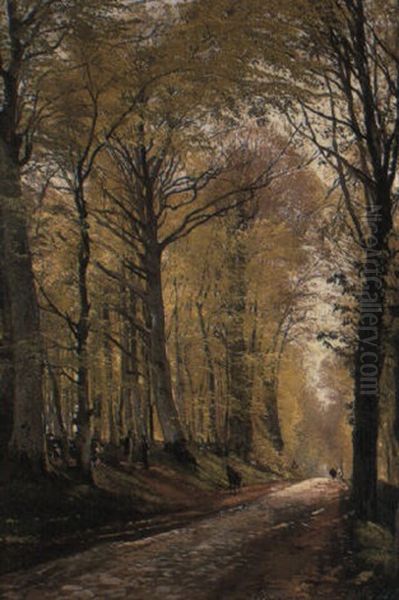 A Woodland Path With Herders And Cattle Oil Painting by Carl Frederik Peder Aagaard