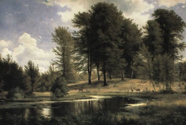 Parklandskap Med Betande Hjortar Oil Painting by Carl Frederik Peder Aagaard