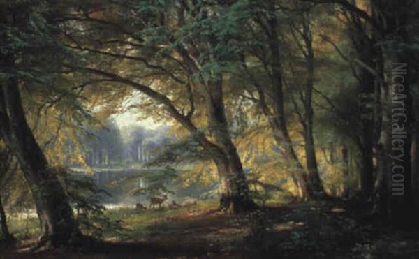 Deer By A Forest Pond by Carl Frederik Peder Aagaard