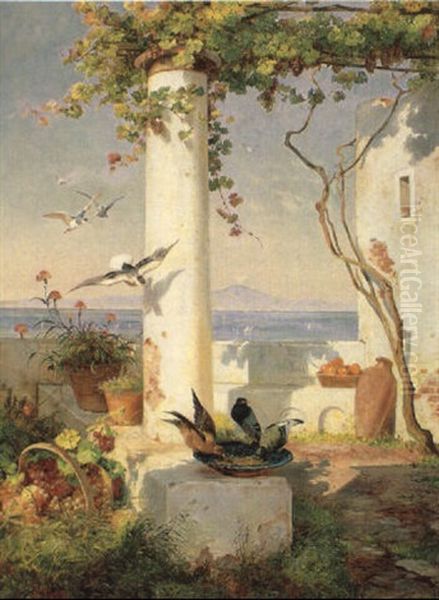 Pergola Med Duer, Frugter Og Blomster, I Baggrunden Vesuv Oil Painting by Carl Frederik Peder Aagaard