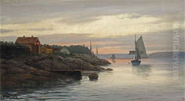 Setting Sail From The Fjords At Sunset Oil Painting by Zackarais Martin Aagaard