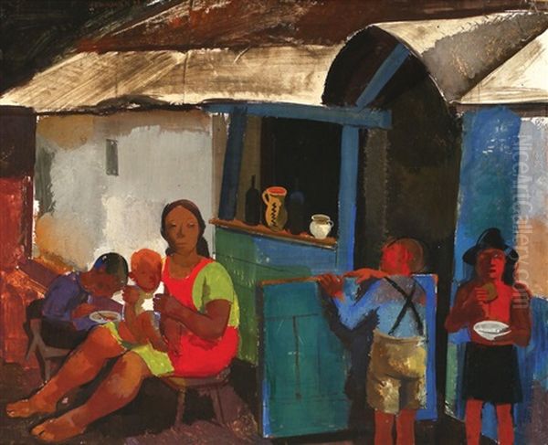 Figures In The Village Oil Painting by Vilmos Aba-Novak