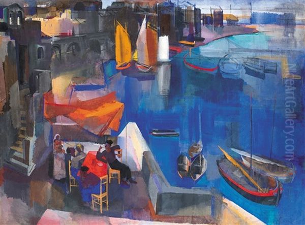 Harbour Oil Painting by Vilmos Aba-Novak