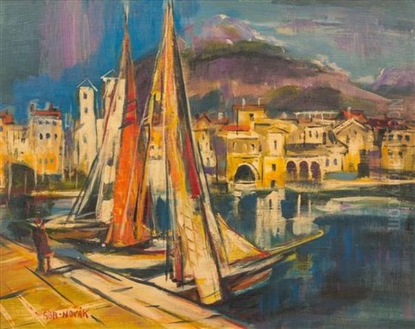 Italian Harbor Scene Oil Painting by Vilmos Aba-Novak