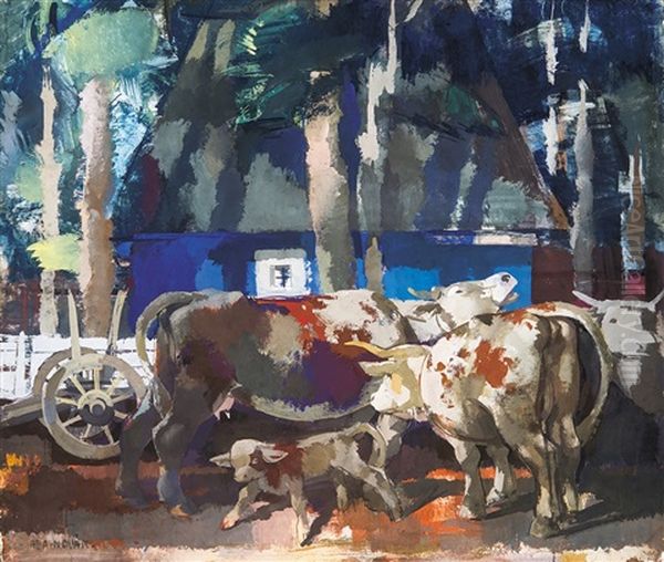 Resting Cows Oil Painting by Vilmos Aba-Novak