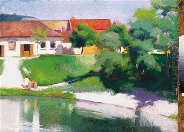 Sunlit Lake-side Oil Painting by Vilmos Aba-Novak