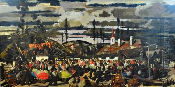 A Hungarian Festival Oil Painting by Vilmos Aba-Novak