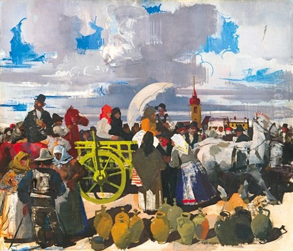 Market Scene Oil Painting by Vilmos Aba-Novak